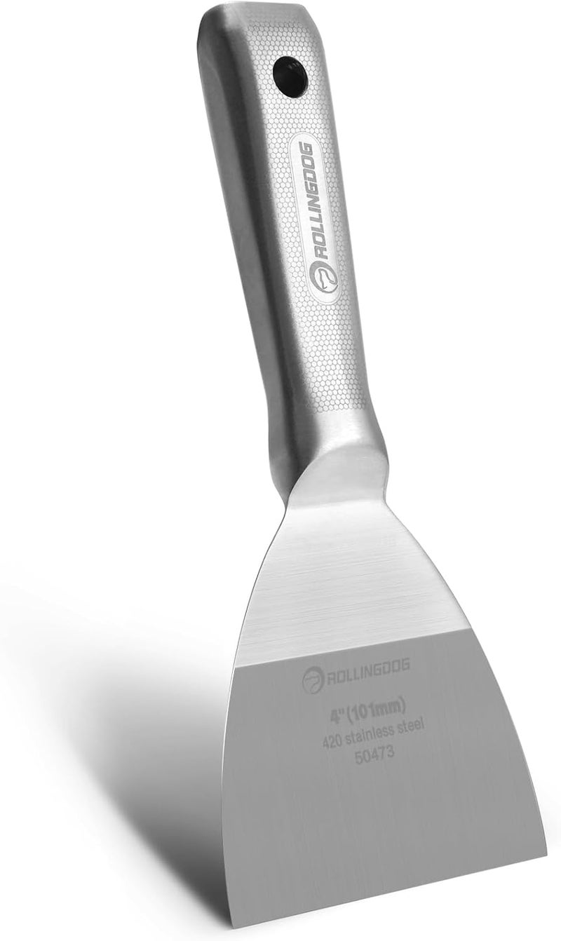 Rolling Dog 4 inch Putty Knife - Paint Scraper Drywall Knife with 420 Stainless Steel One Piece irror Polished Blade for Scraping Paint, Taping - Image 1